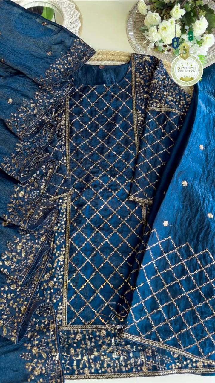 Blue Premium Designer Party Wear Ready-Made Top, Plazzo & Dupatta Set