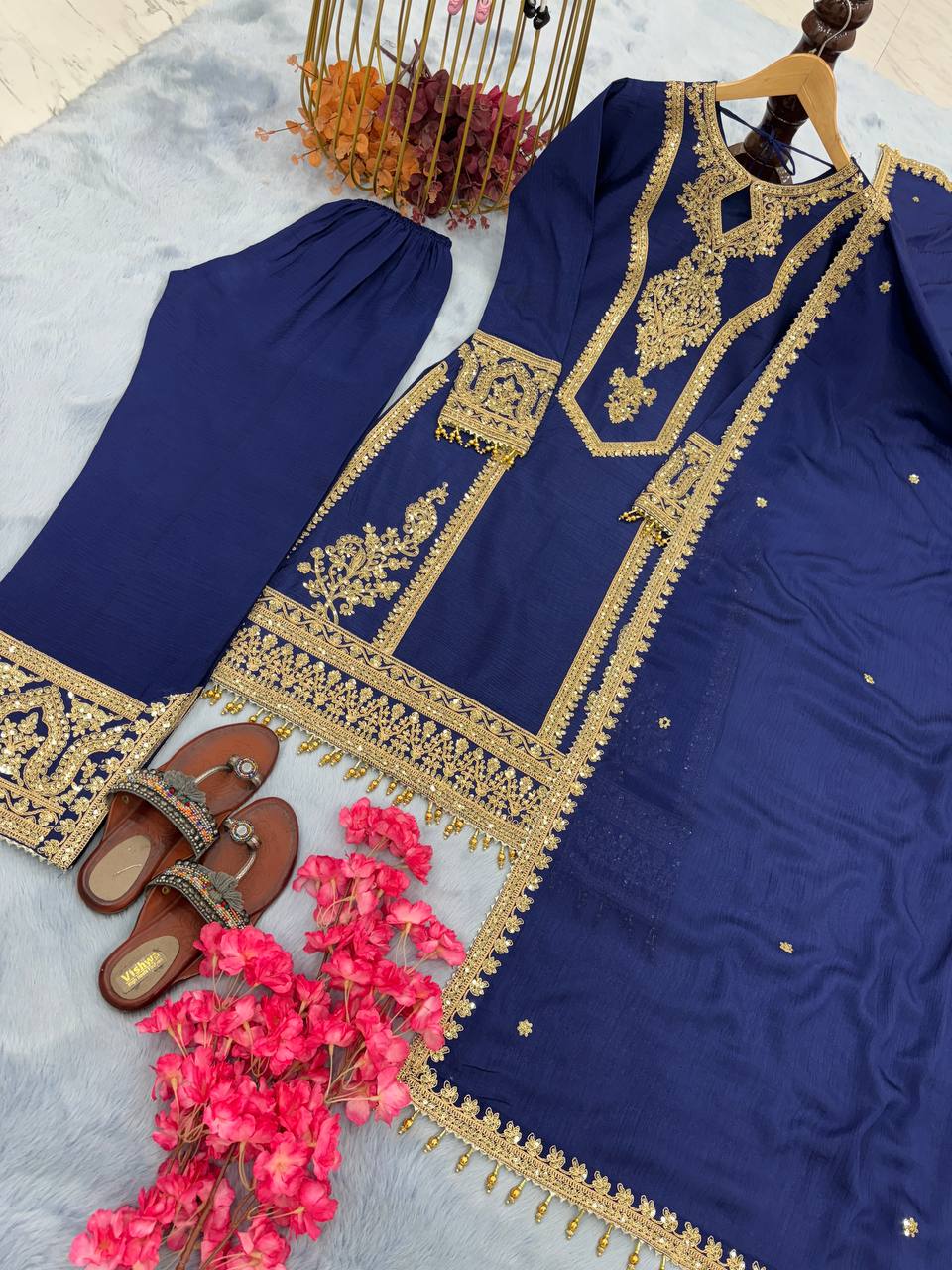 Blue Premium Designer Ready-to-Wear Top, Plazzo & Dupatta Set