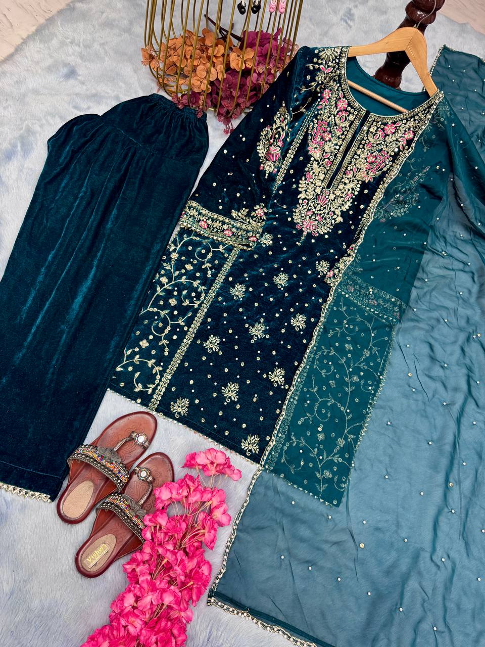 Blue Premium Designer Ready-to-Wear Velvet Top, Palazzo, and Dupatta Set