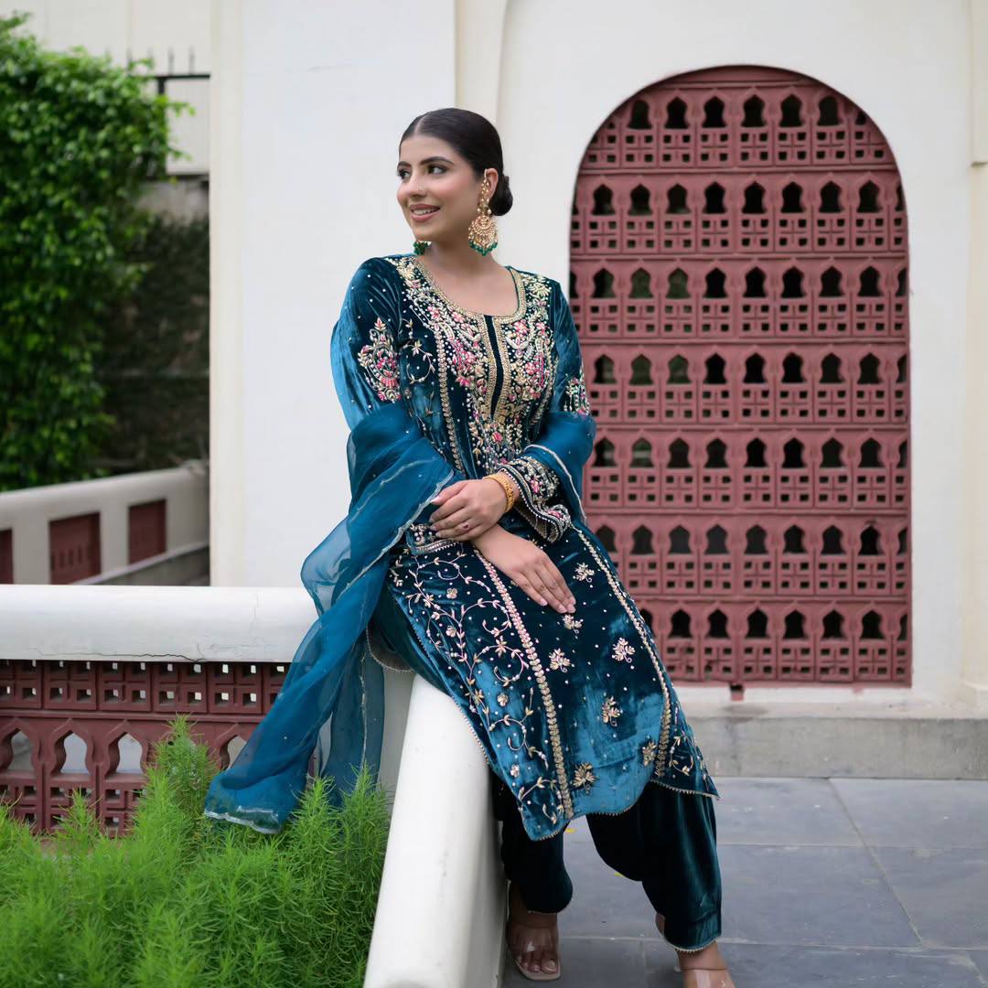 Blue Premium Designer Ready-to-Wear Velvet Top, Palazzo, and Dupatta Set