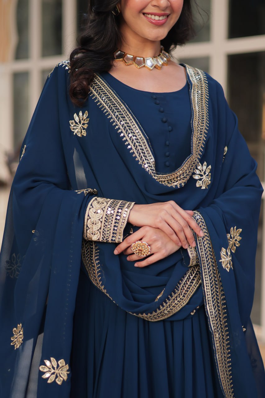 Blue Premium Designer Readymade Gown with Dupatta Collection Embroidered Elegance