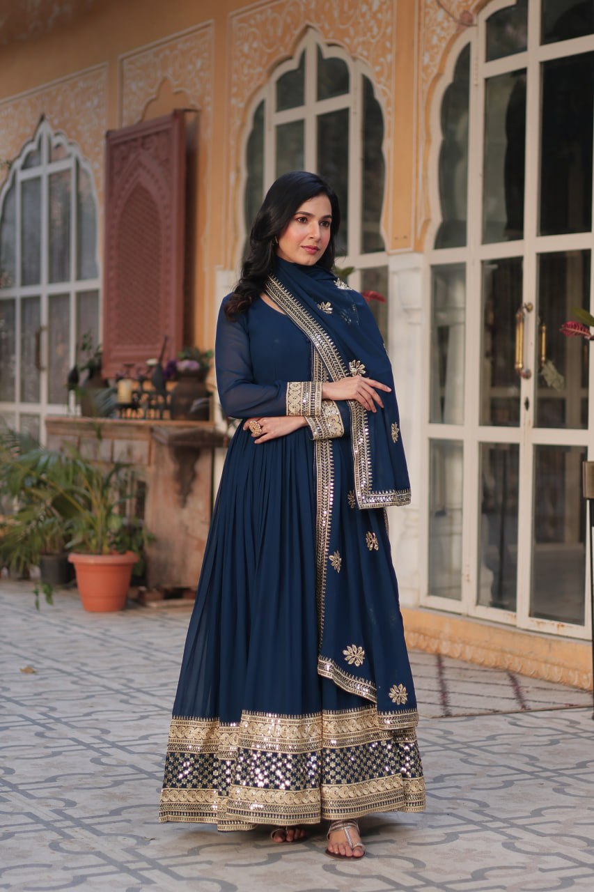 Blue Premium Designer Readymade Gown with Dupatta Collection Embroidered Elegance