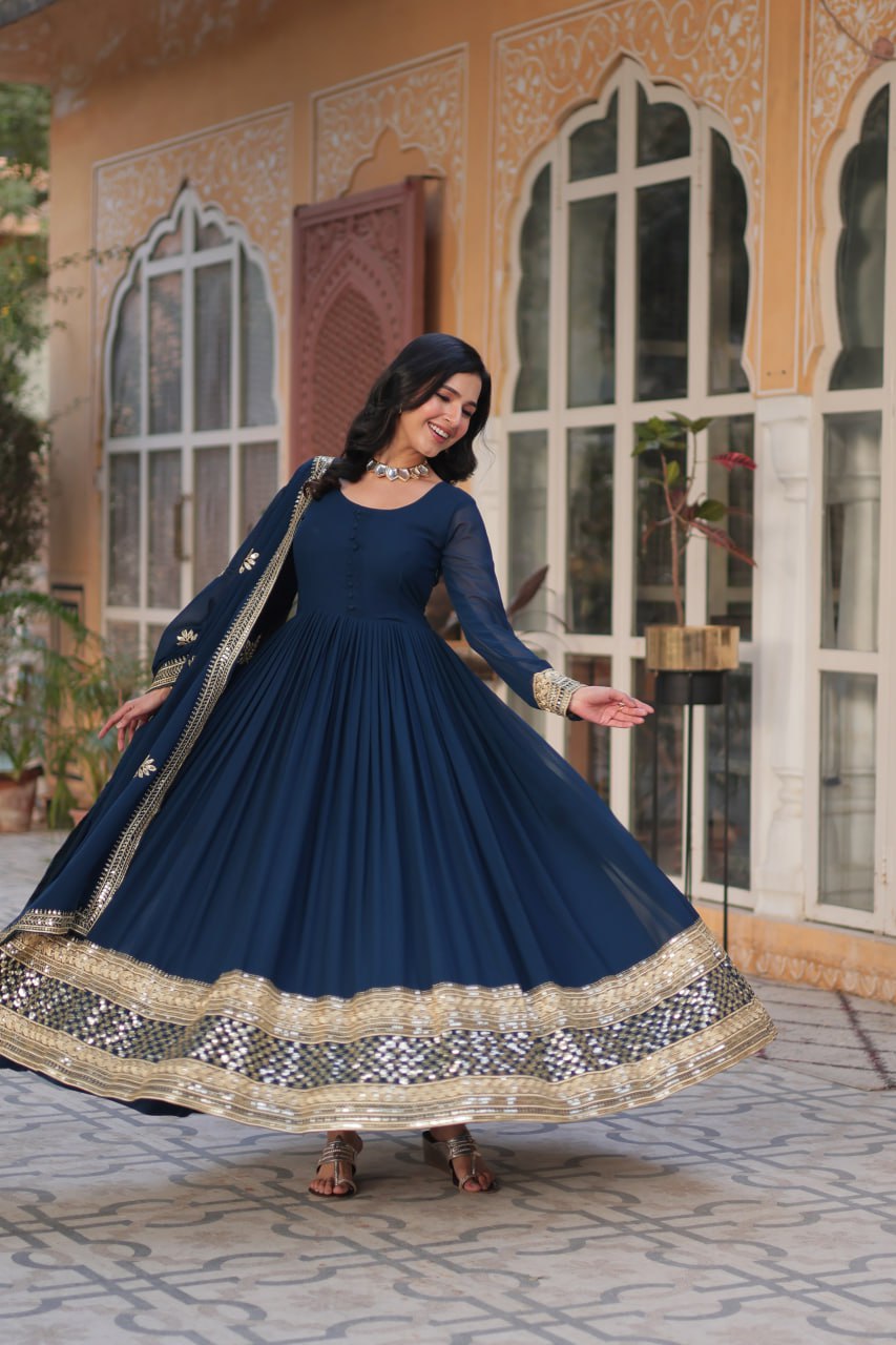 Blue Premium Designer Readymade Gown with Dupatta Collection Embroidered Elegance