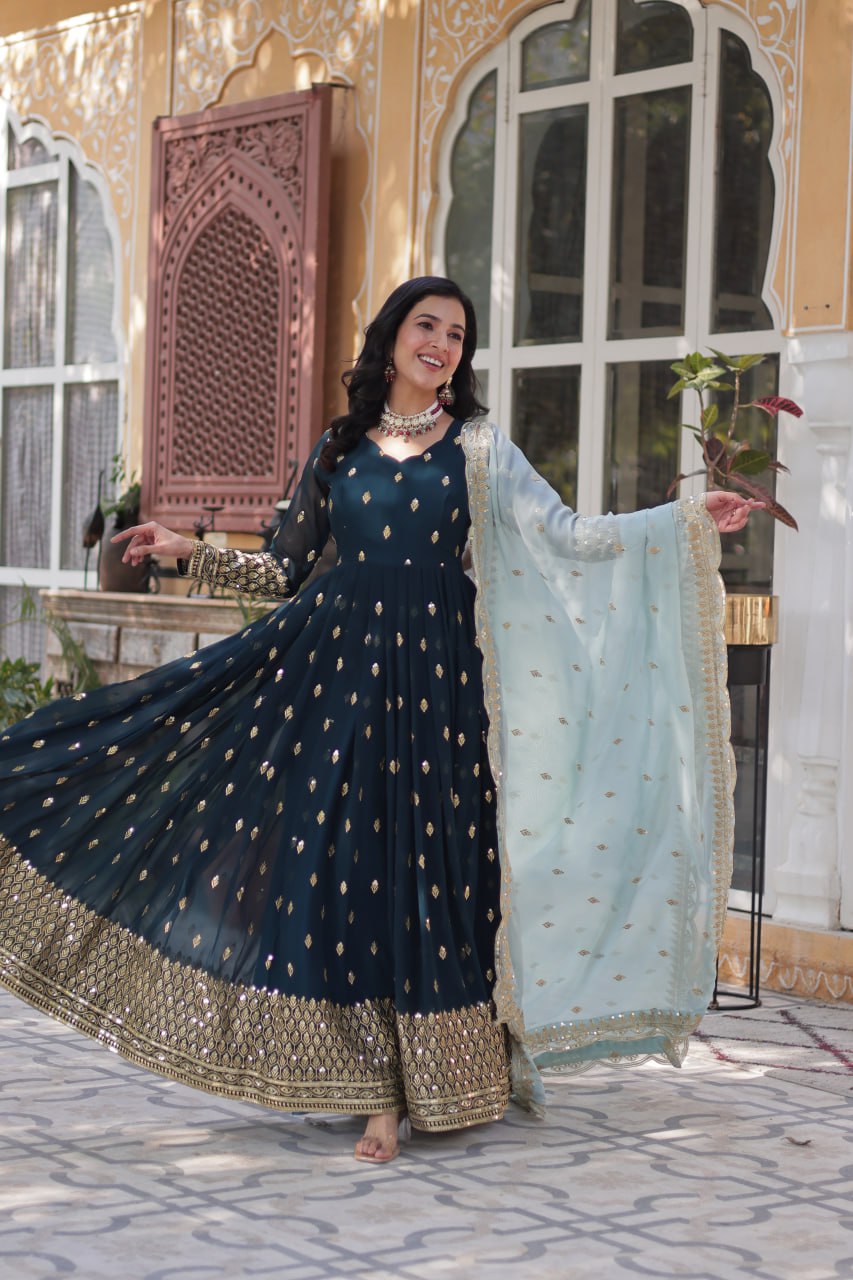 Blue Premium Designer Readymade Gown with Dupatta Collection Luxurious Faux Blooming Embroidery