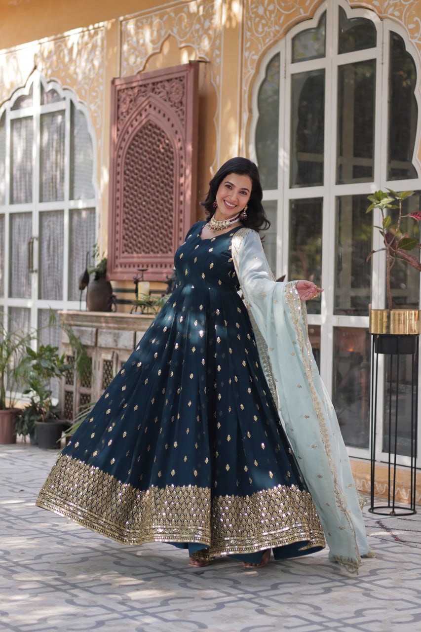 Blue Premium Designer Readymade Gown with Dupatta Collection Luxurious Faux Blooming Embroidery