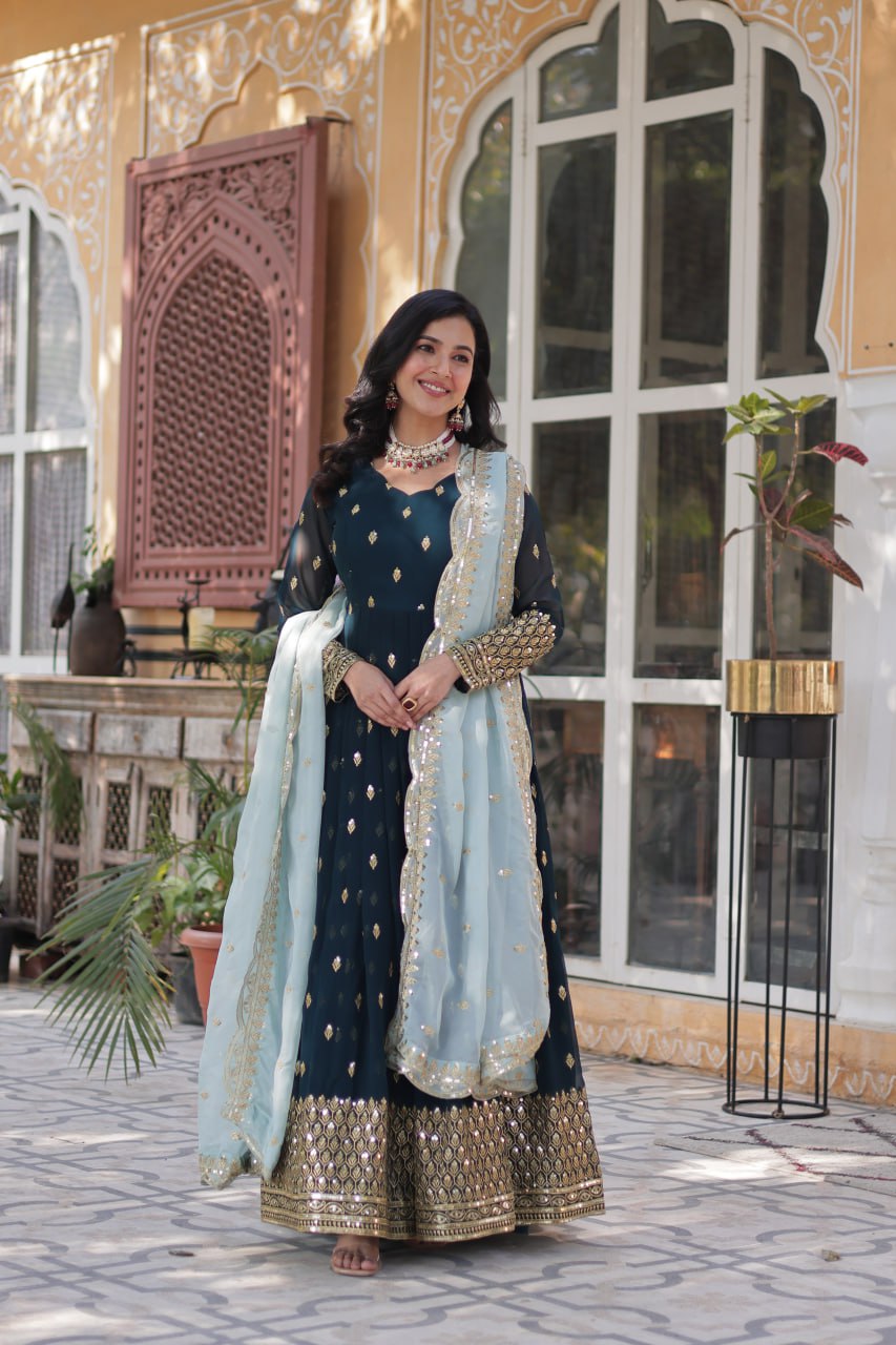Blue Premium Designer Readymade Gown with Dupatta Collection Luxurious Faux Blooming Embroidery