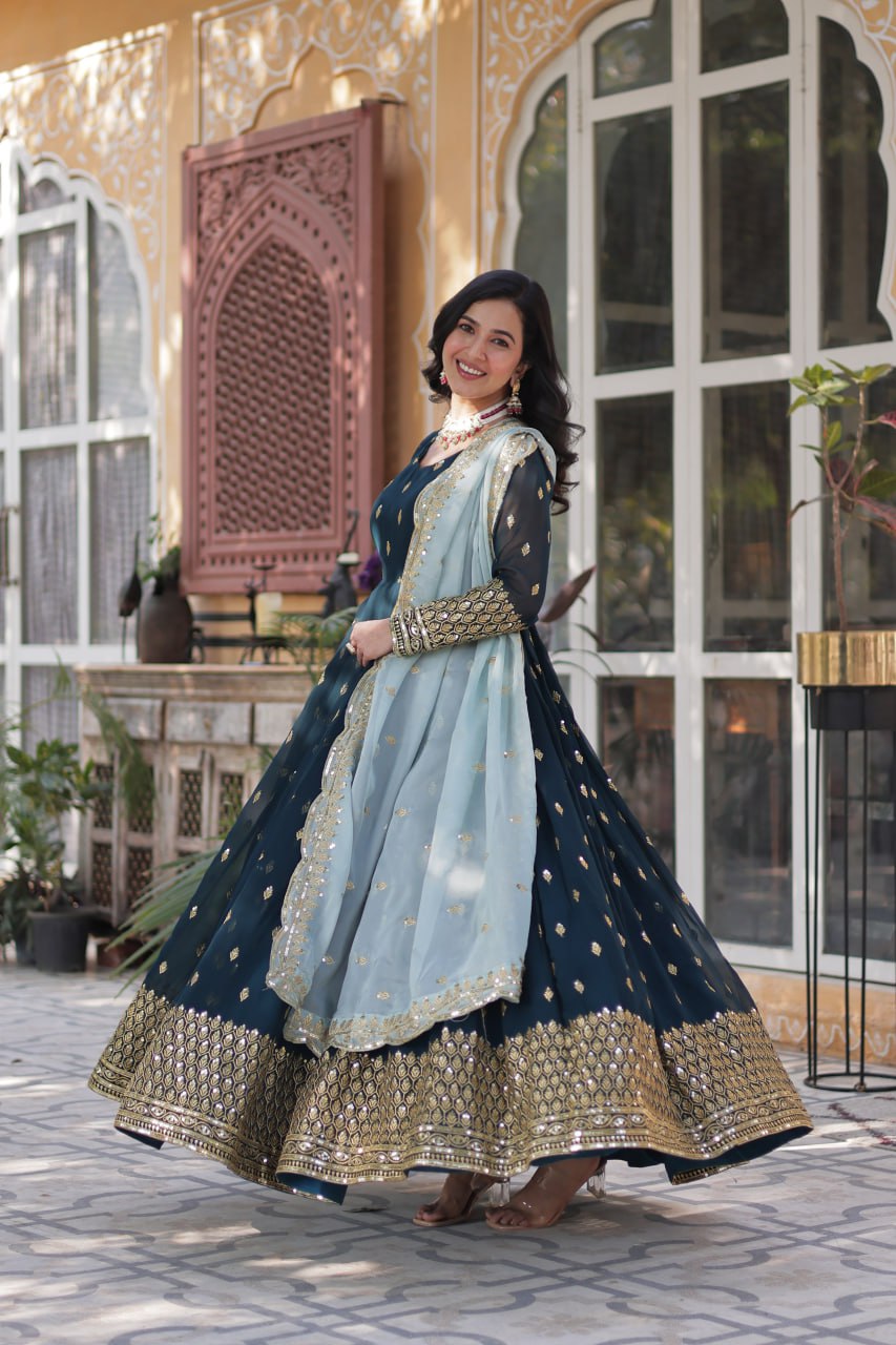 Blue Premium Designer Readymade Gown with Dupatta Collection Luxurious Faux Blooming Embroidery