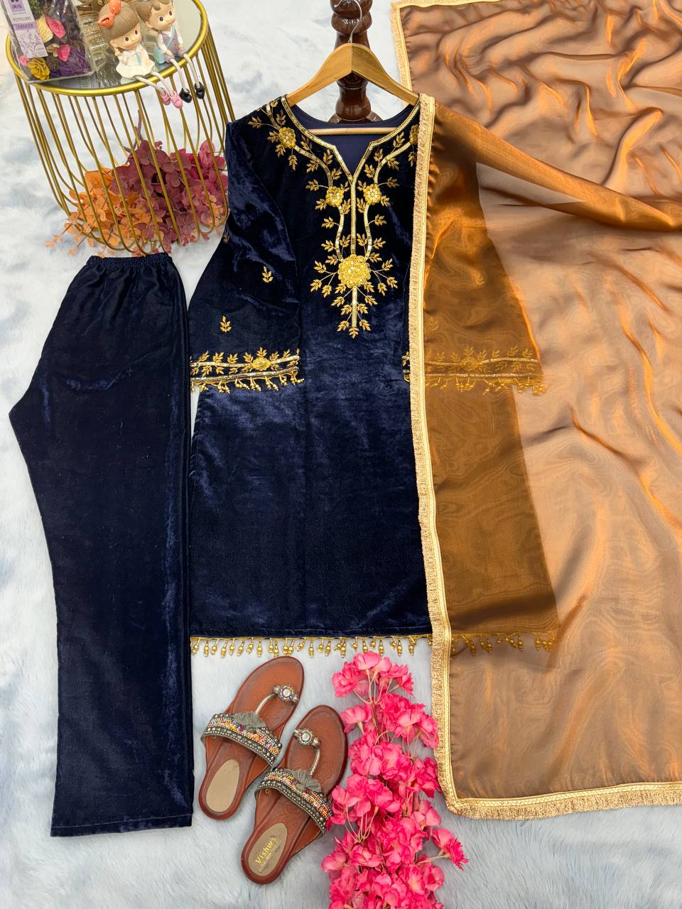 Blue Premium Designer Readymade Pure Viscose Velvet Top, Bottom & Dupatta Set – Elegant Party Wear