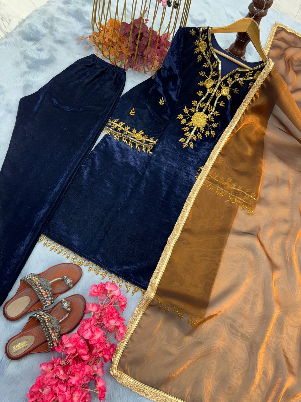 Blue Premium Designer Readymade Pure Viscose Velvet Top, Bottom & Dupatta Set – Elegant Party Wear