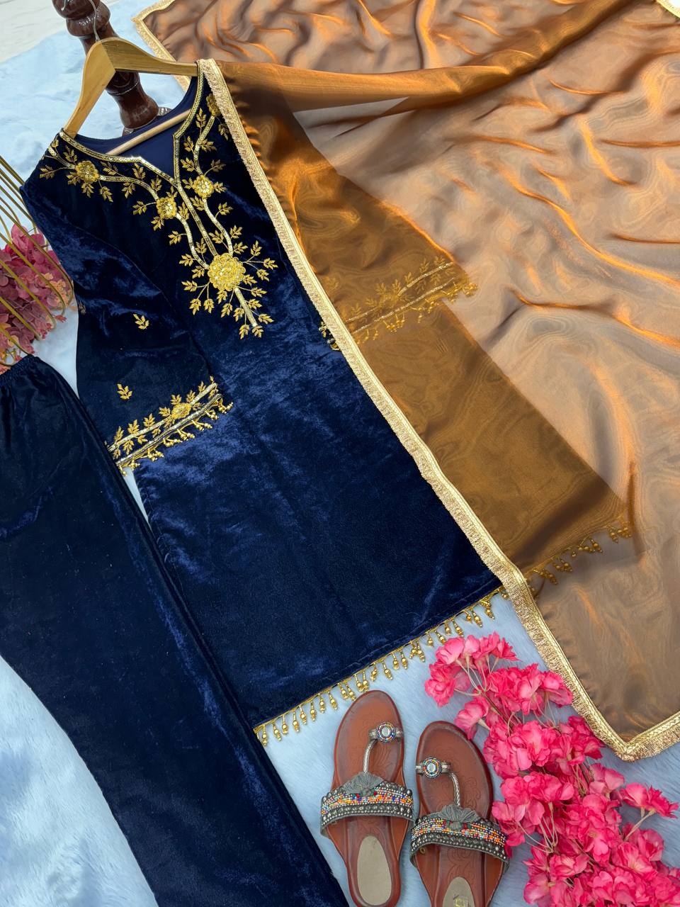 Blue Premium Designer Readymade Pure Viscose Velvet Top, Bottom & Dupatta Set – Elegant Party Wear