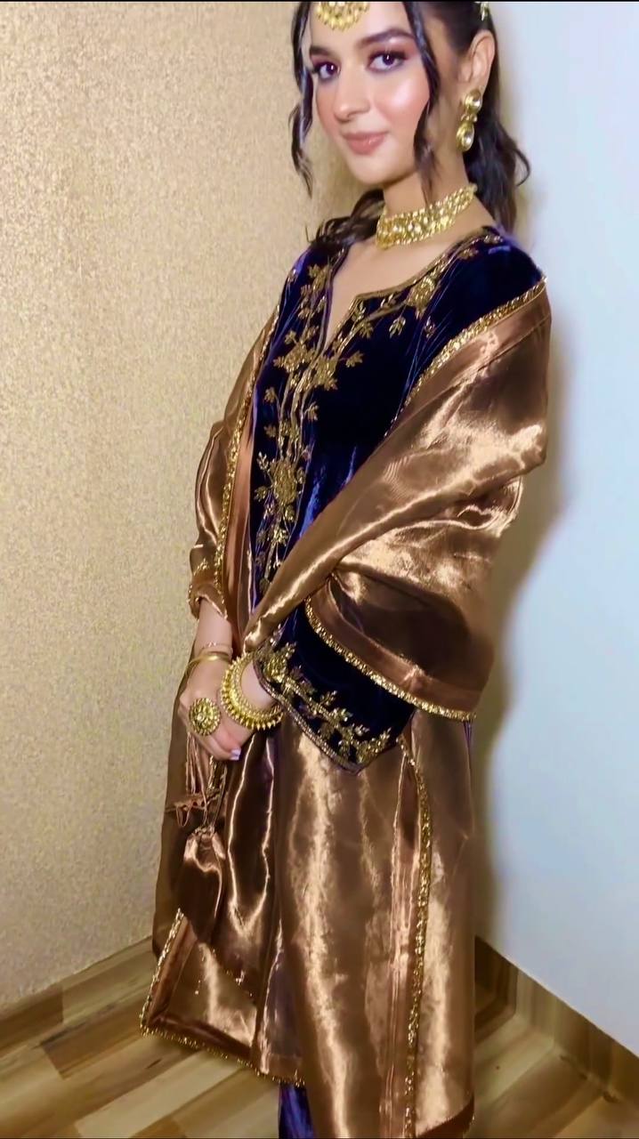 Blue Premium Designer Readymade Pure Viscose Velvet Top, Bottom & Dupatta Set – Elegant Party Wear