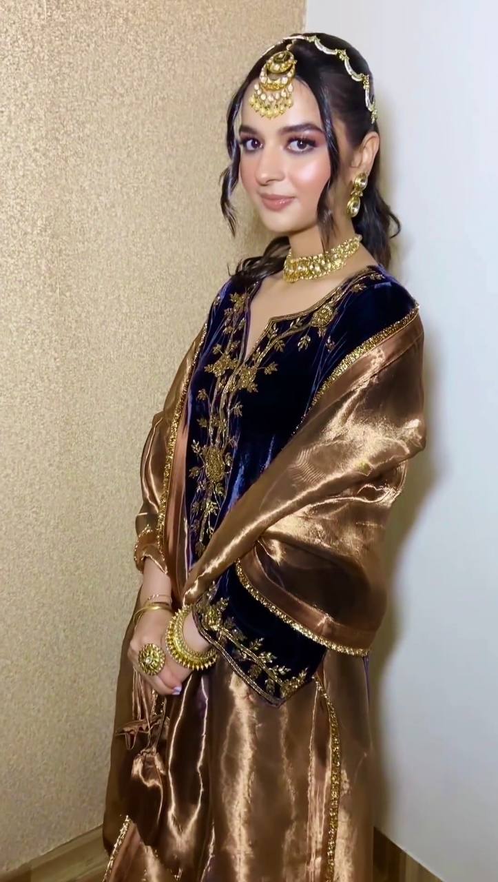 Blue Premium Designer Readymade Pure Viscose Velvet Top, Bottom & Dupatta Set – Elegant Party Wear