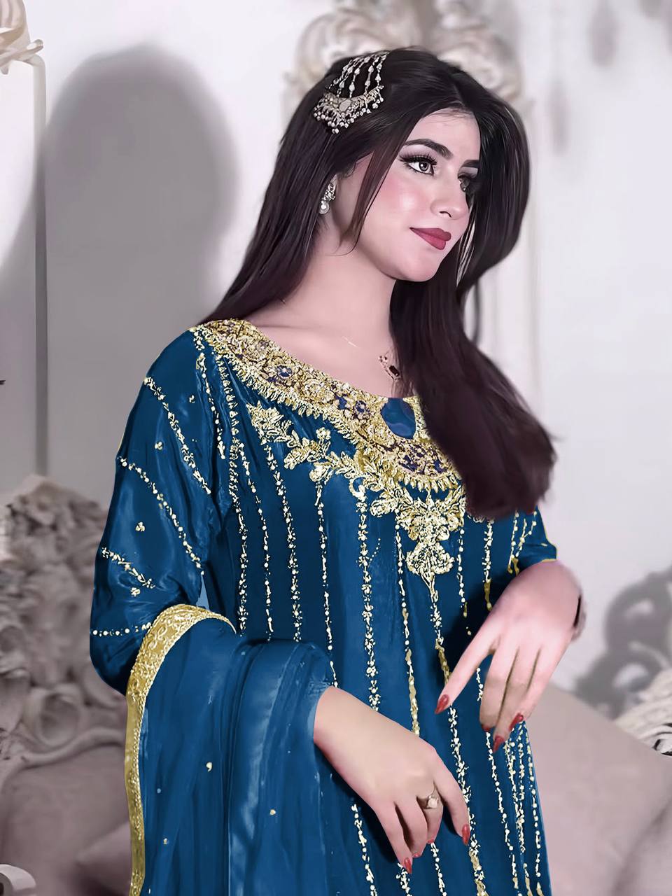 Blue Premium Designer Readymade Top, Plazzo & Dupatta