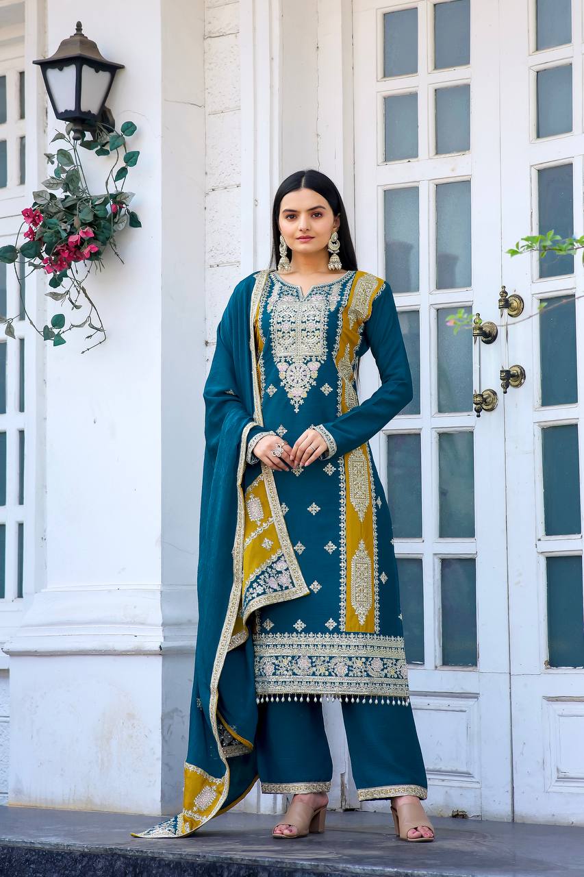 Blue Premium designer Readymade Top,Plazzo Set With Dupatta-Party Wear Collection