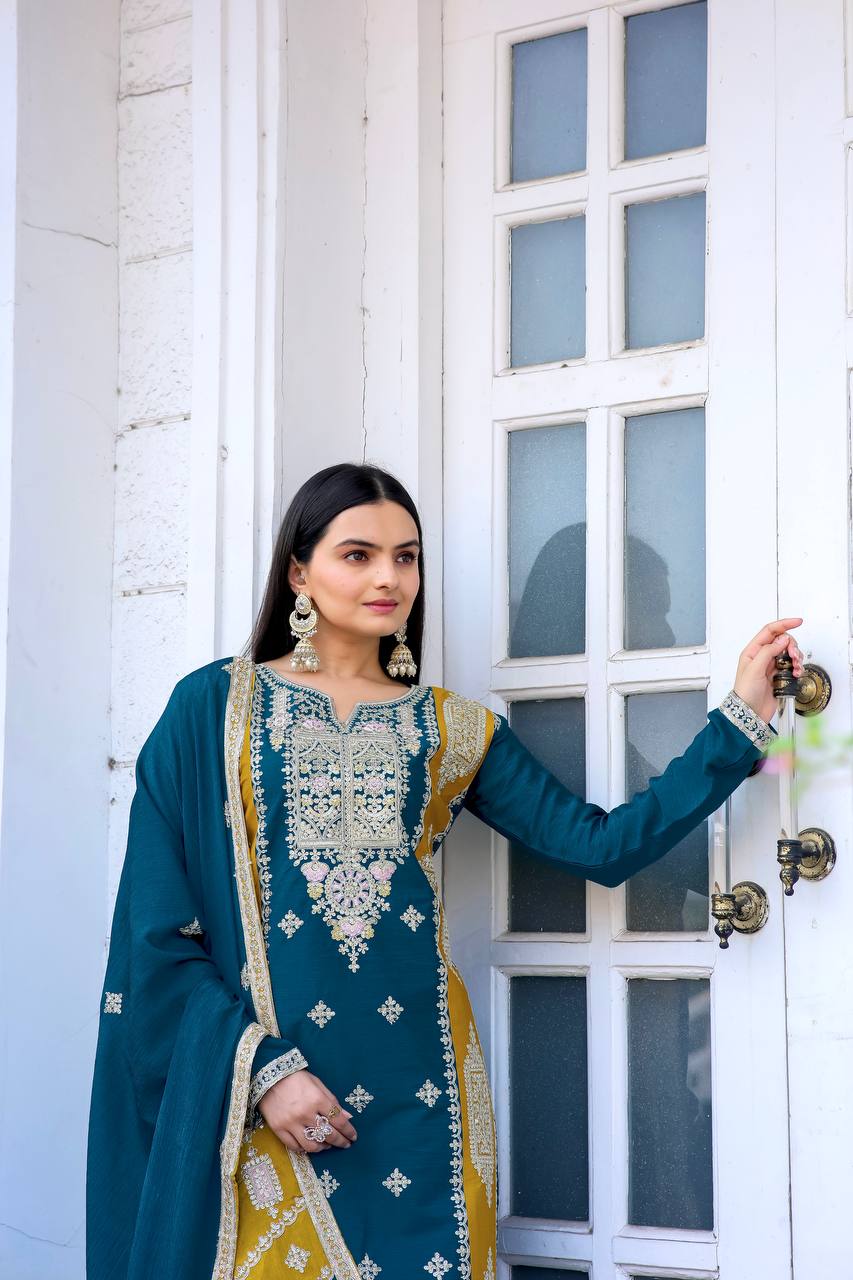Blue Premium designer Readymade Top,Plazzo Set With Dupatta-Party Wear Collection
