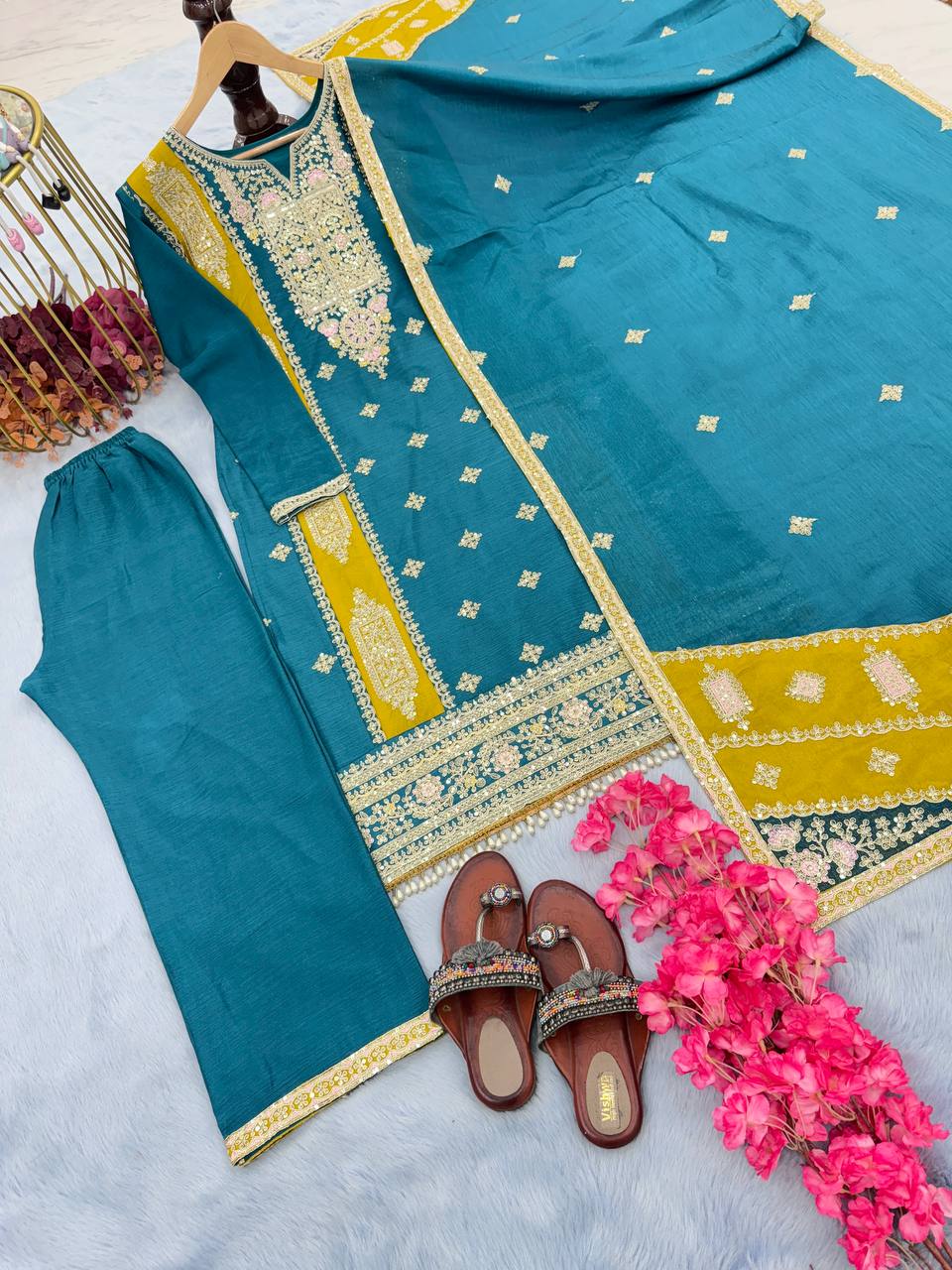 Blue Premium designer Readymade Top,Plazzo Set With Dupatta-Party Wear Collection