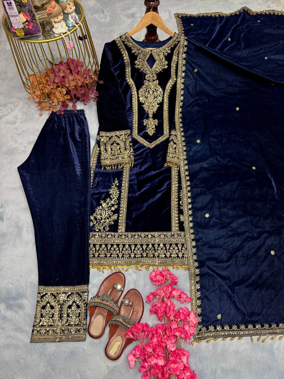 Blue Premium Designer Readymade Viscose Velvet Top, Plazzo & Dupatta Set – Party Wear Elegance