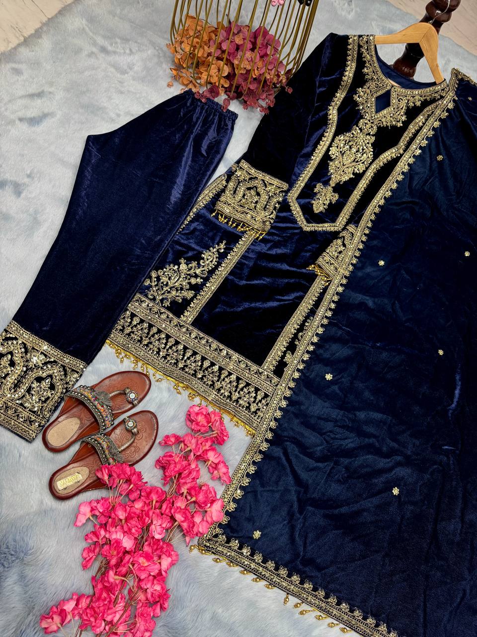 Blue Premium Designer Readymade Viscose Velvet Top, Plazzo & Dupatta Set – Party Wear Elegance