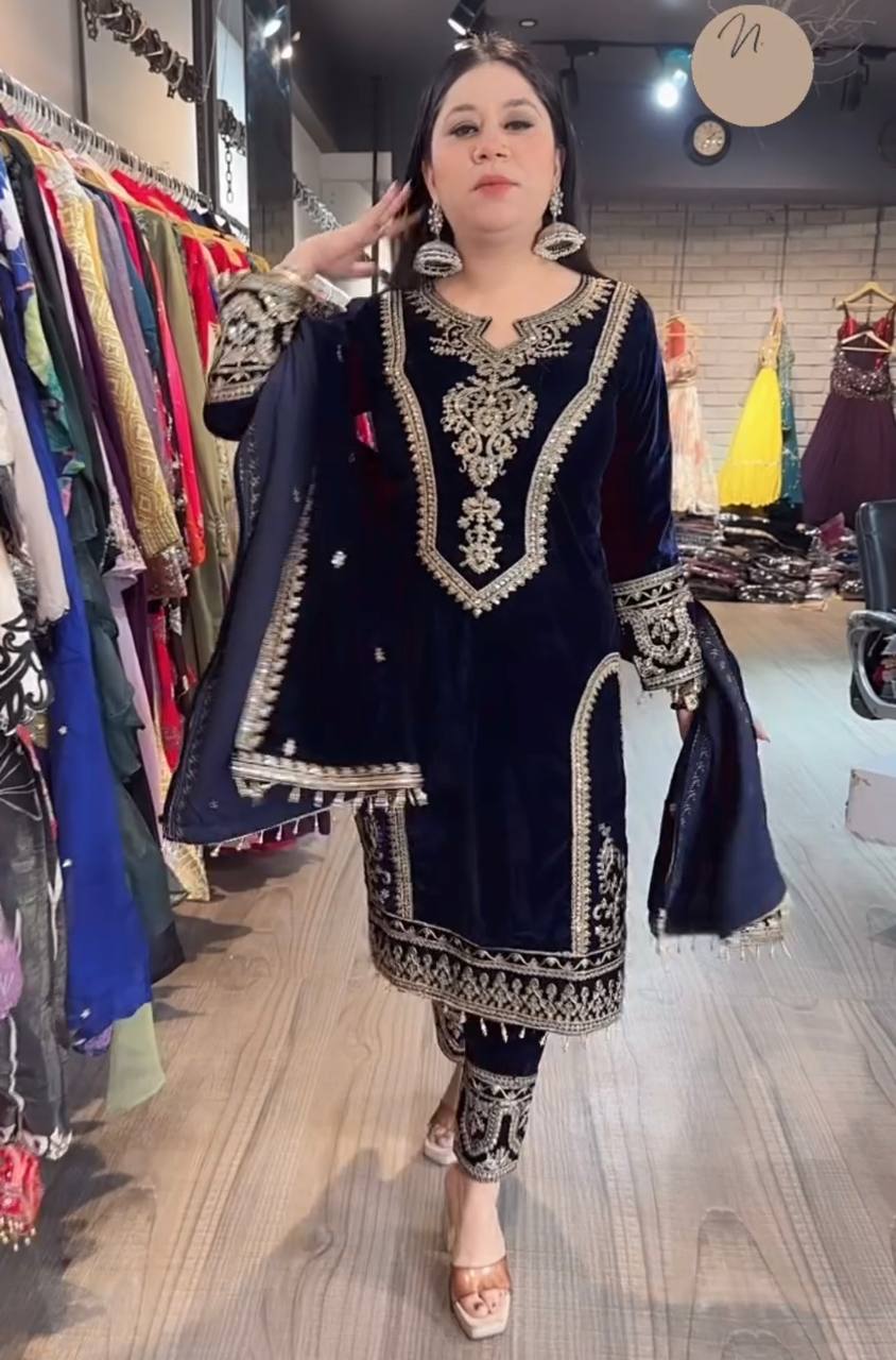 Blue Premium Designer Readymade Viscose Velvet Top, Plazzo & Dupatta Set – Party Wear Elegance