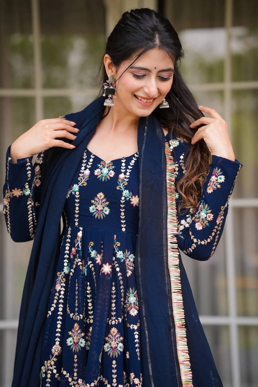 Blue Premium Faux Georgette Anarkali Gown with Dupatta