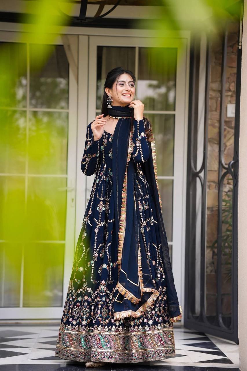 Blue Premium Faux Georgette Anarkali Gown with Dupatta