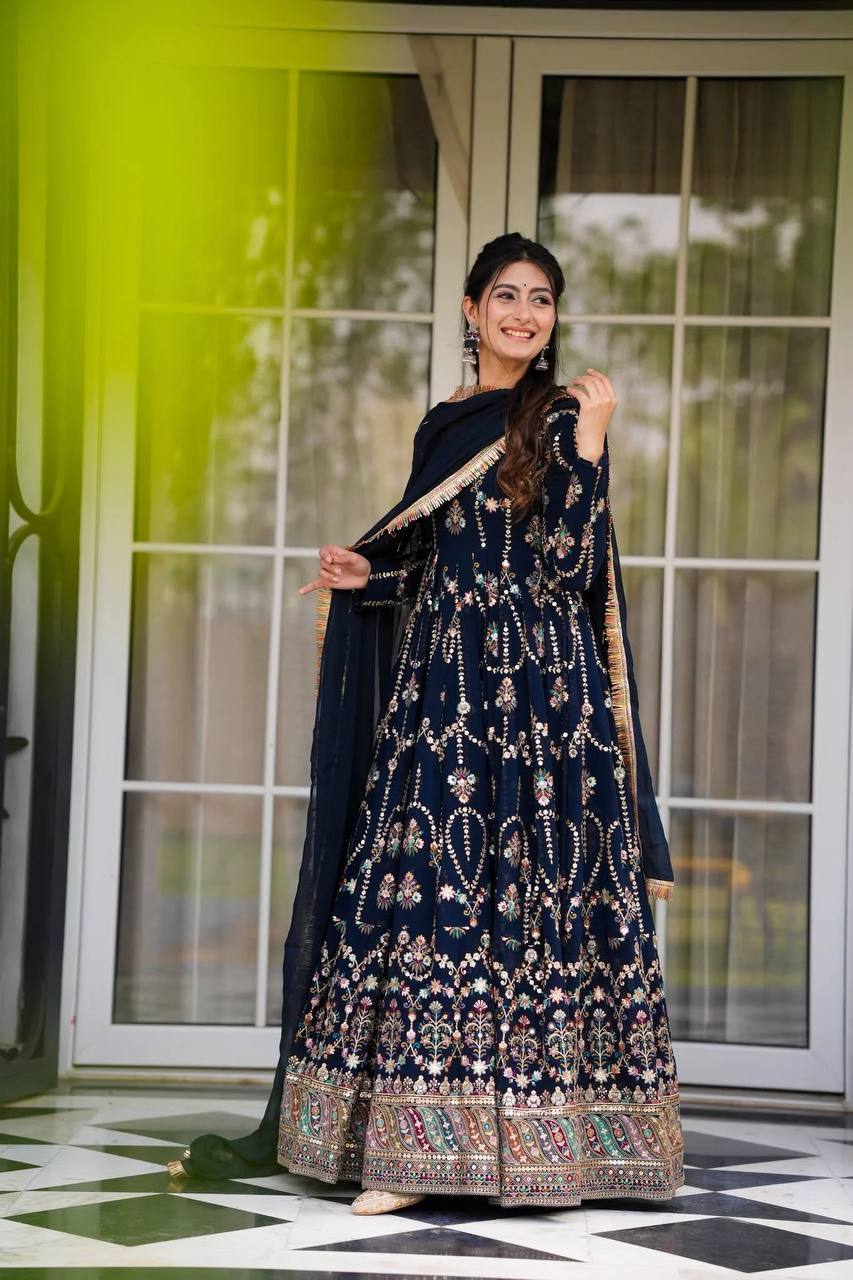 Blue Premium Faux Georgette Anarkali Gown with Dupatta