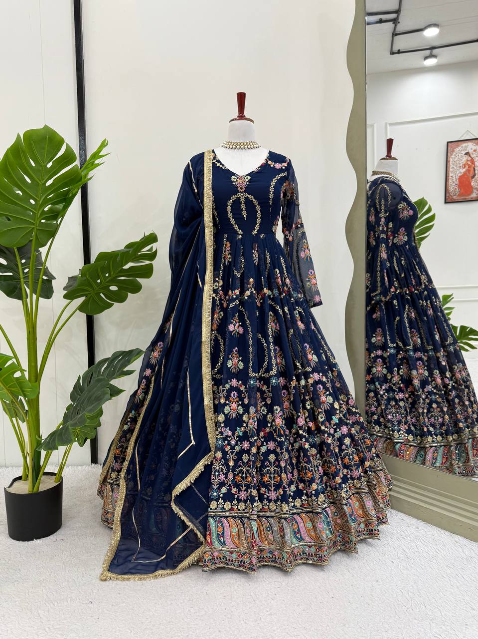 Blue Premium Faux Georgette Anarkali Gown with Dupatta