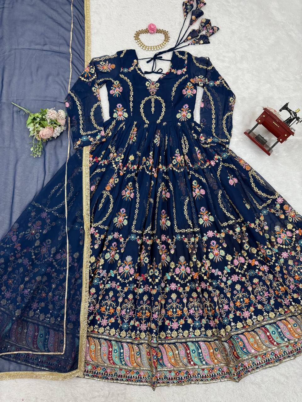 Blue Premium Faux Georgette Anarkali Gown with Dupatta