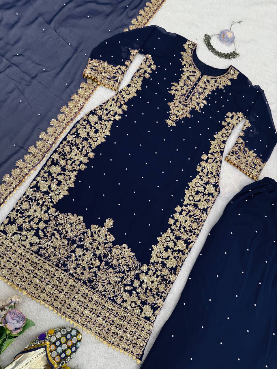 Blue Premium Faux Georgette Coding–Sequins Plazo Set with Dupatta