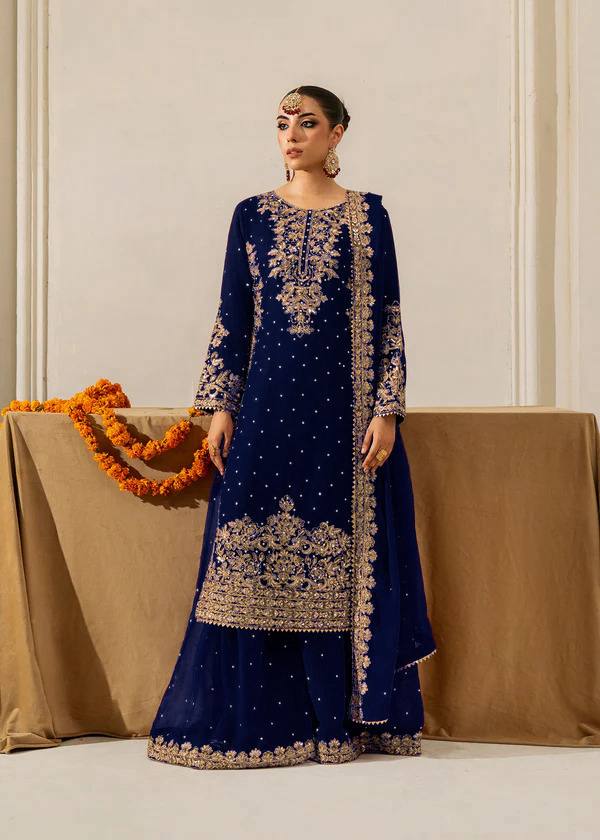 Blue Premium Faux Georgette Coding–Sequins Plazo Set with Dupatta