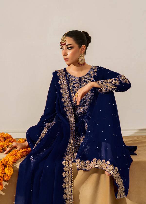 Blue Premium Faux Georgette Coding–Sequins Plazo Set with Dupatta
