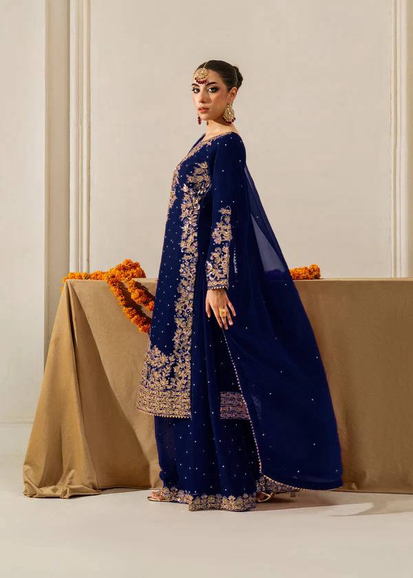 Blue Premium Faux Georgette Coding–Sequins Plazo Set with Dupatta