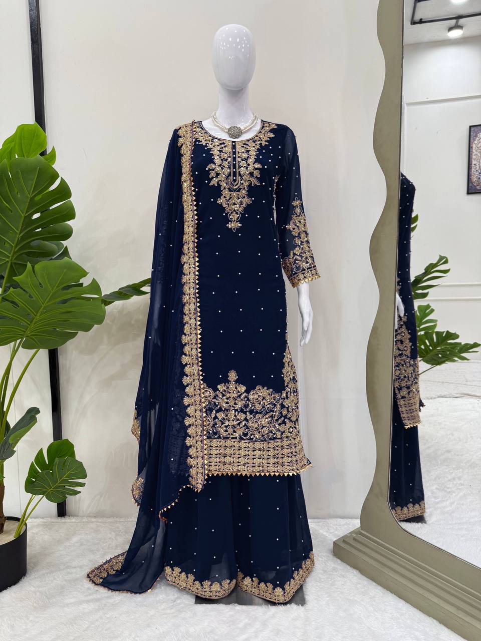 Blue Premium Faux Georgette Coding–Sequins Plazo Set with Dupatta