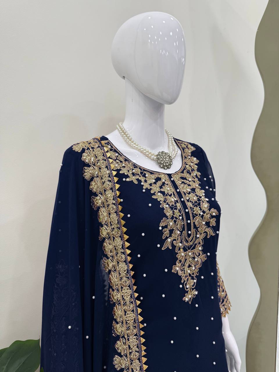 Blue Premium Faux Georgette Coding–Sequins Plazo Set with Dupatta