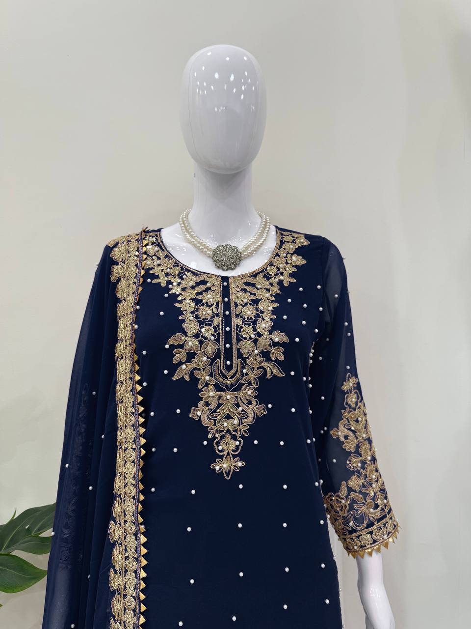 Blue Premium Faux Georgette Coding–Sequins Plazo Set with Dupatta
