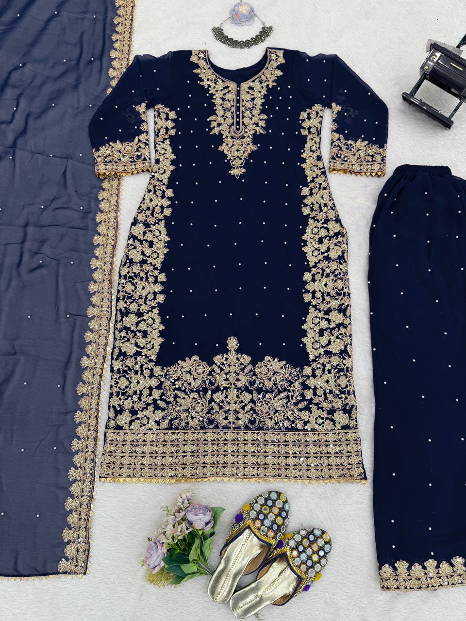 Blue Premium Faux Georgette Coding–Sequins Plazo Set with Dupatta