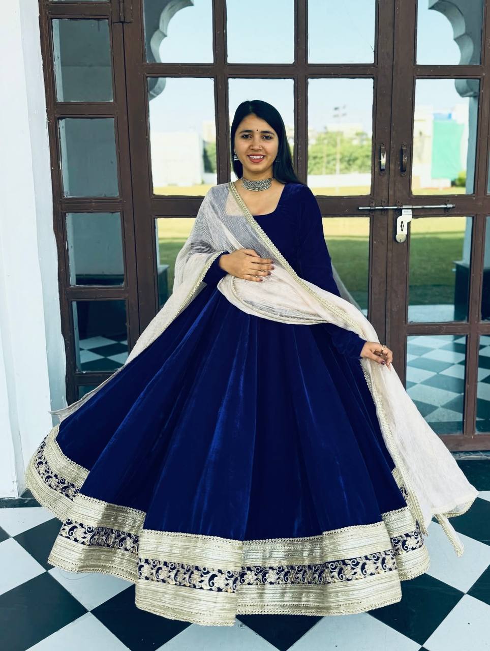 Blue Premium Viscos Velvet Embroidered Straight-Cut Anarkali Suit Set with Sanderi Silk Dupatta – Full-Sleeve Designer Ethnic Wear for Women