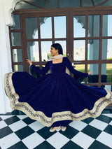 Blue Premium Viscos Velvet Embroidered Straight-Cut Anarkali Suit Set with Sanderi Silk Dupatta – Full-Sleeve Designer Ethnic Wear for Women