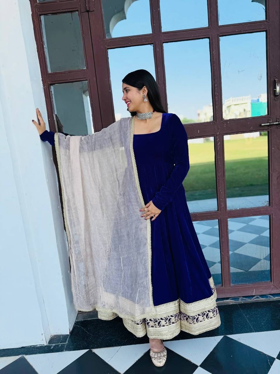 Blue Premium Viscos Velvet Embroidered Straight-Cut Anarkali Suit Set with Sanderi Silk Dupatta – Full-Sleeve Designer Ethnic Wear for Women