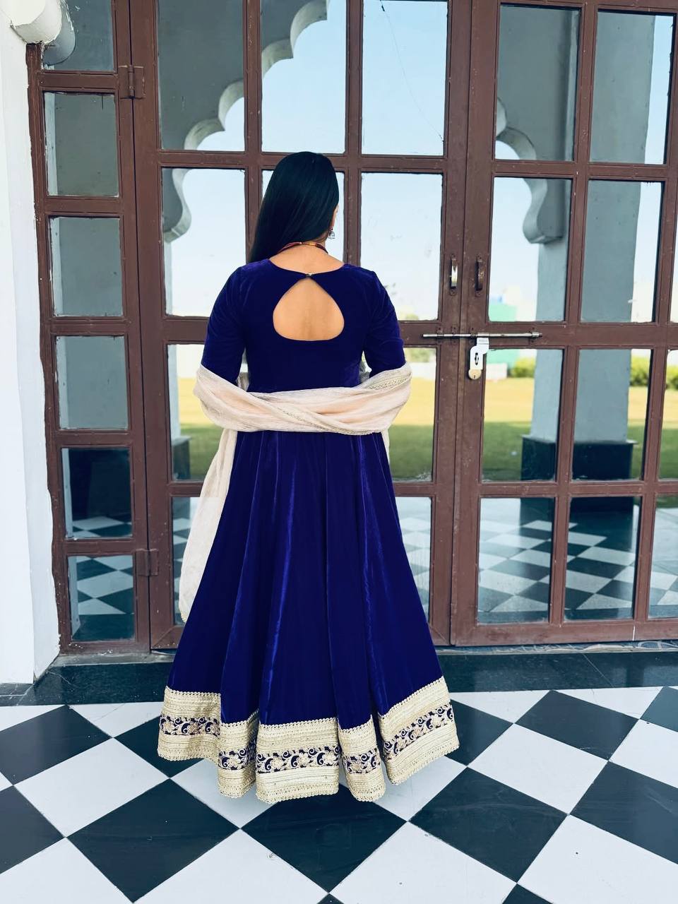 Blue Premium Viscos Velvet Embroidered Straight-Cut Anarkali Suit Set with Sanderi Silk Dupatta – Full-Sleeve Designer Ethnic Wear for Women