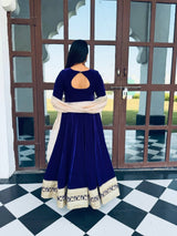 Blue Premium Viscos Velvet Embroidered Straight-Cut Anarkali Suit Set with Sanderi Silk Dupatta – Full-Sleeve Designer Ethnic Wear for Women