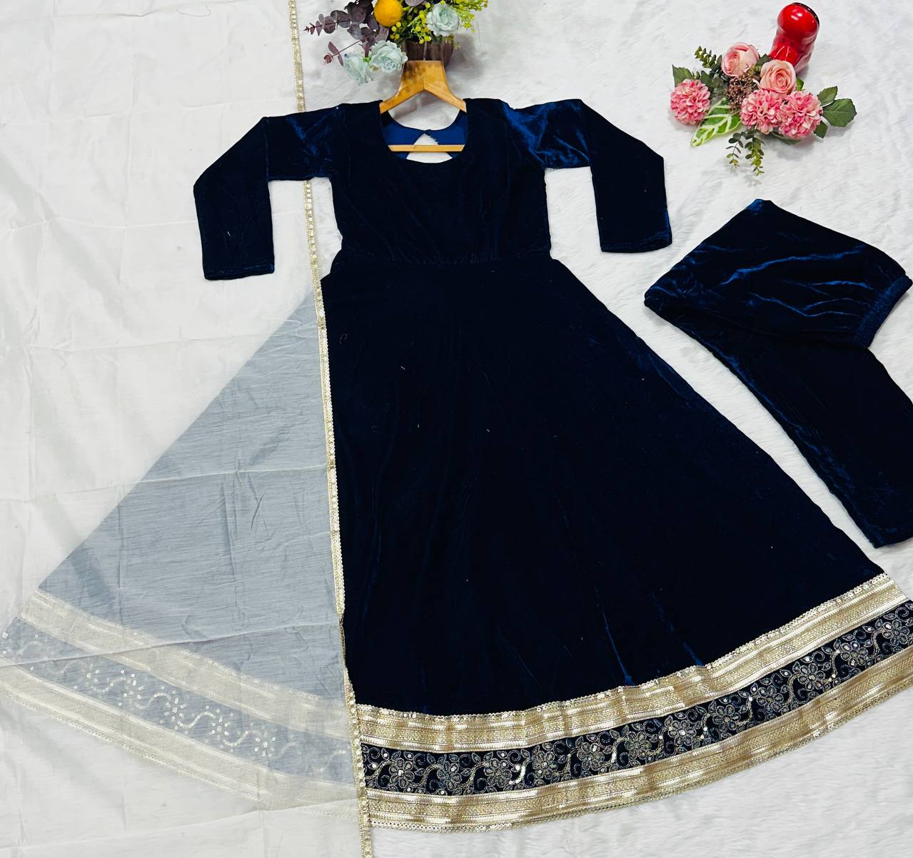 Blue Premium Viscos Velvet Embroidered Straight-Cut Anarkali Suit Set with Sanderi Silk Dupatta – Full-Sleeve Designer Ethnic Wear for Women