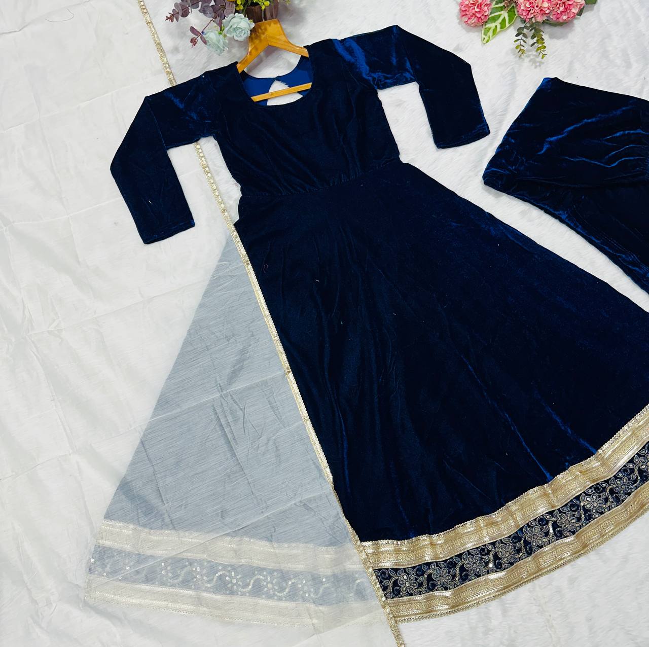 Blue Premium Viscos Velvet Embroidered Straight-Cut Anarkali Suit Set with Sanderi Silk Dupatta – Full-Sleeve Designer Ethnic Wear for Women