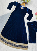 Blue Premium Viscos Velvet Embroidered Straight-Cut Anarkali Suit Set with Sanderi Silk Dupatta – Full-Sleeve Designer Ethnic Wear for Women