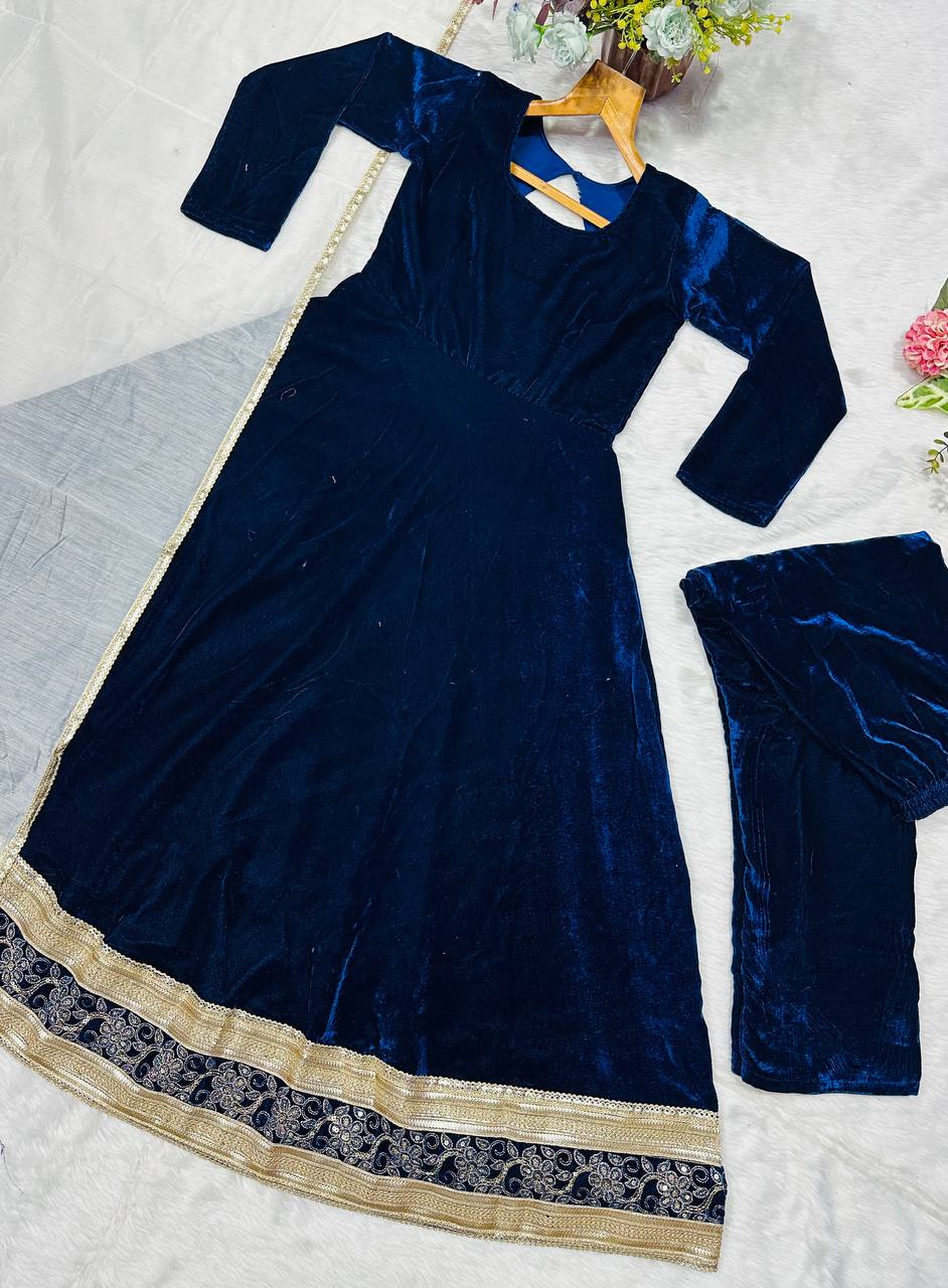 Blue Premium Viscos Velvet Embroidered Straight-Cut Anarkali Suit Set with Sanderi Silk Dupatta – Full-Sleeve Designer Ethnic Wear for Women