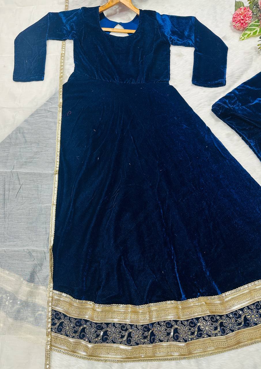 Blue Premium Viscos Velvet Embroidered Straight-Cut Anarkali Suit Set with Sanderi Silk Dupatta – Full-Sleeve Designer Ethnic Wear for Women