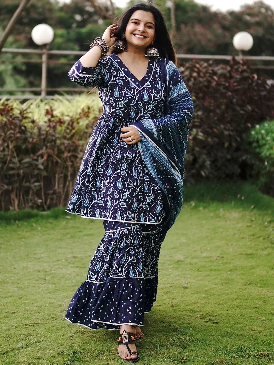 Mameraa Blue Printed Cotton Anarkali Sharara Suit Set With Dupatta
