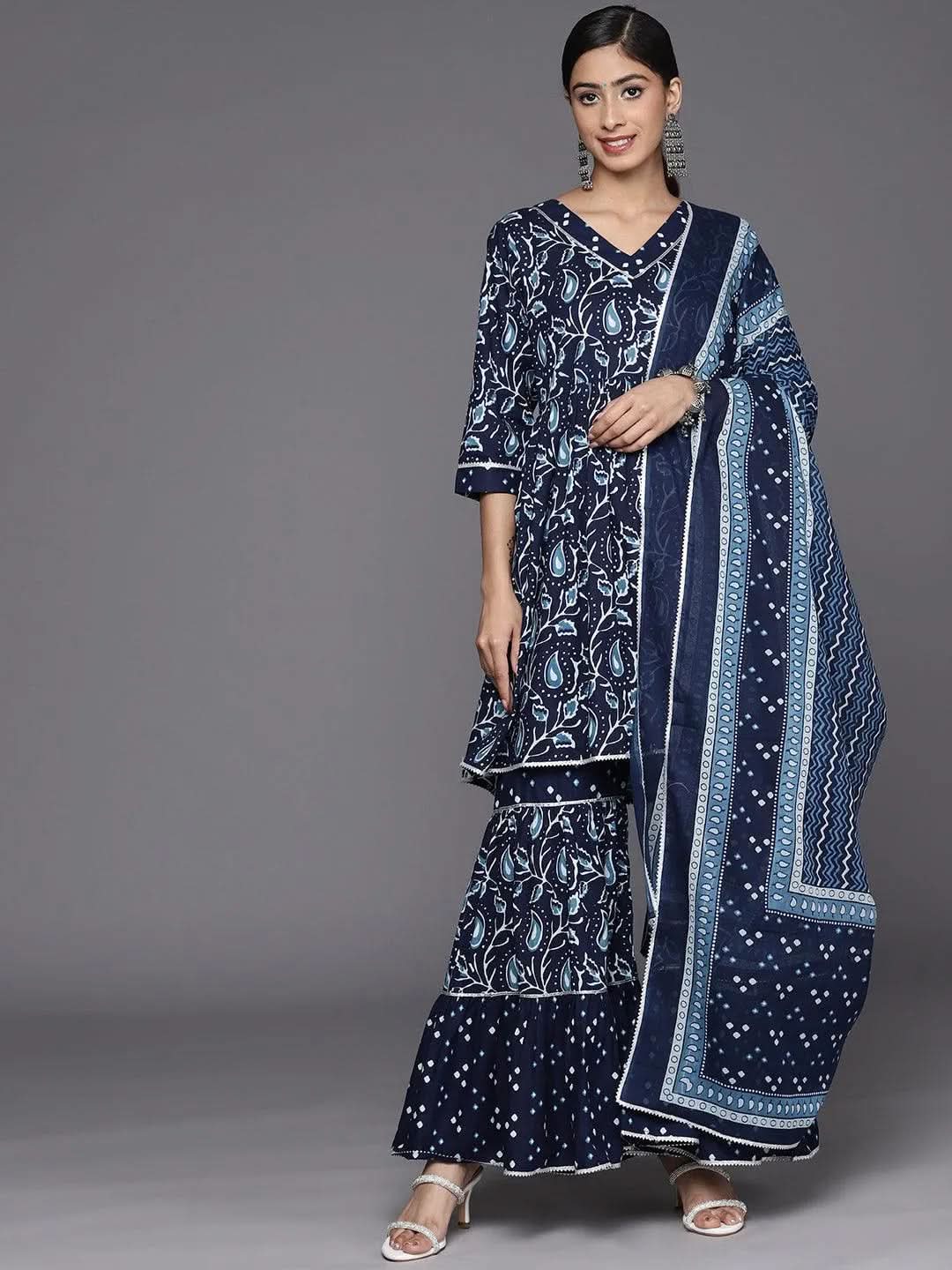 Mameraa Blue Printed Cotton Anarkali Sharara Suit Set With Dupatta
