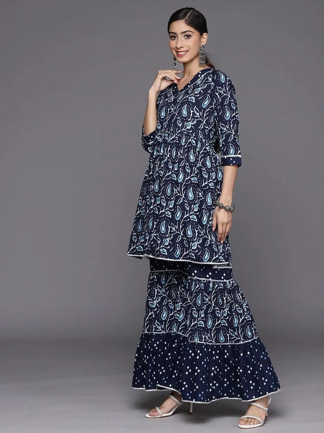 Mameraa Blue Printed Cotton Anarkali Sharara Suit Set With Dupatta