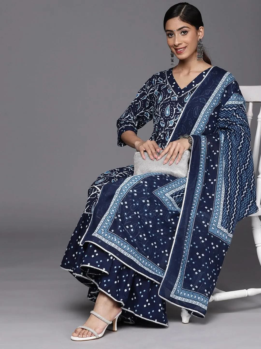 Mameraa Blue Printed Cotton Anarkali Sharara Suit Set With Dupatta